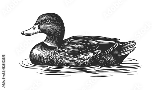 Hand-drawn duck illustration, swimming on water, detailed ink art, vector, linear icons set.