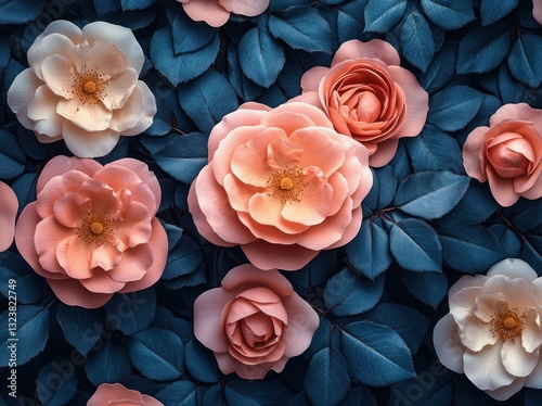 Seamless Floral Pattern of Blooming Roses in Pastel Colors with Dark Background and Natural Lighting