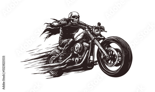 Skeleton riding motorcycle with cape in motion, dynamic illustration, linear vector icons set.