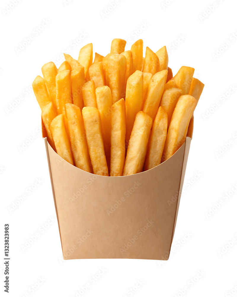 A serving of golden french fries in a paper container. A serving of golden french fries in a paper container.