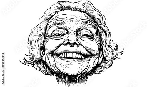 Joyful elderly woman face with broad smile, linear art icons set, vector.