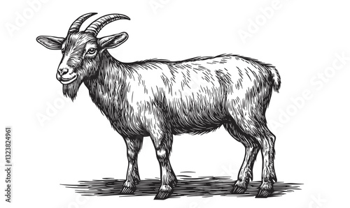 Standing goat in detailed sketch style - flat icons set, vector.