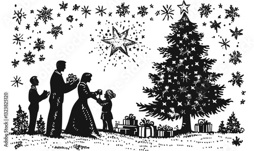 Family celebrating christmas around decorated tree with gifts in snow - vector, linear, icons set.