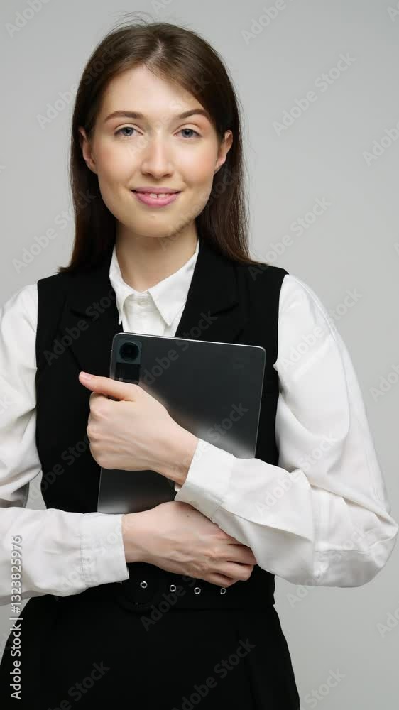 A smiling woman dressed in formal clothing holds a tablet, showcasing a friendly demeanor. A smiling woman dressed in formal clothing holds a tablet, showcasing a friendly demeanor.