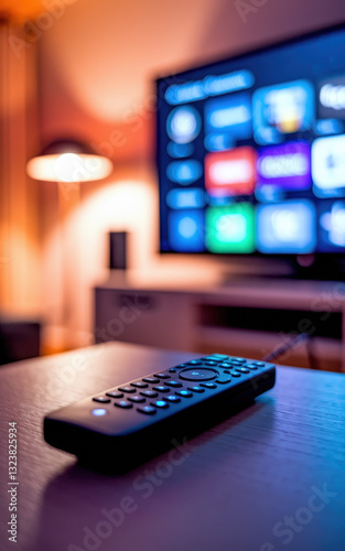 Modern Living Room with a Focus on TV Remote Control and Soft Ambient Lighting