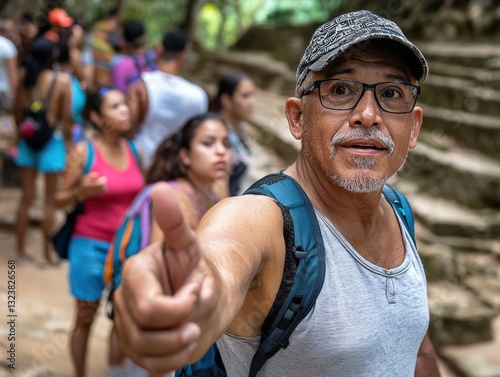 A tour guide leading a group of tourists through an ancient ruin, explaining history