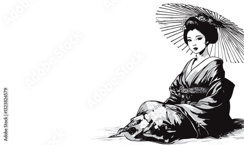 Traditional japanese geisha sitting with umbrella, black and white, flat icons set, vector.
