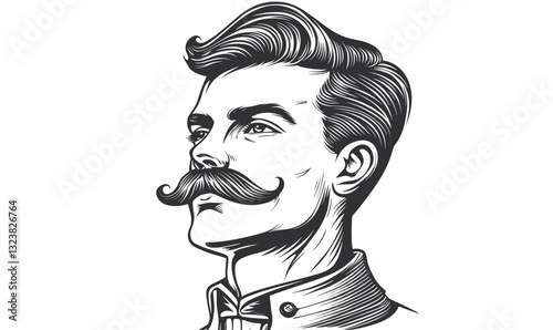 Vintage gentleman portrait with mustache, retro style, black and white vector, linear icons set.