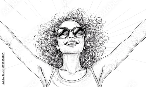 Happy female with curly hair and sunglasses raising arms - linear icons set vector.