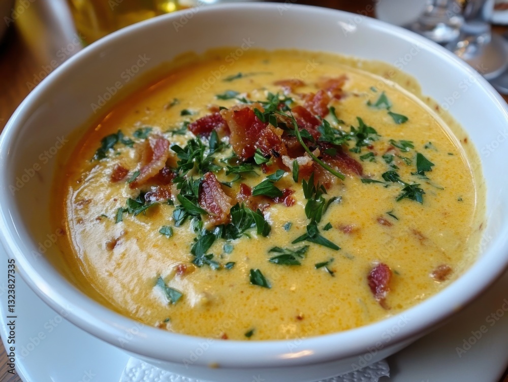 Classic Midwest cheddar and beer soup, with chunks of crispy bacon and fresh herbs, bringing warmth and heartiness to a cool evening Classic Midwest cheddar and beer soup, with chunks of crispy bacon and fresh herbs, bringing warmth and heartiness to a cool evening