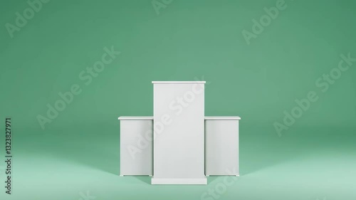 Modern gray podiums with green background for presentations or events.