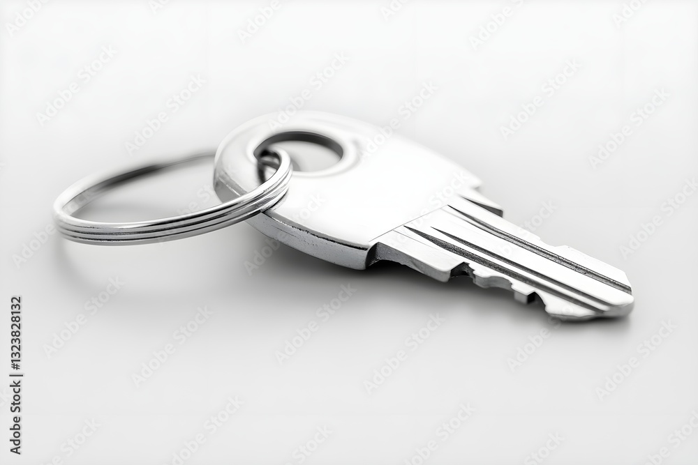 White background with a single silver key, sharp focus, symbolizes security and access. White background with a single silver key, sharp focus, symbolizes security and access.