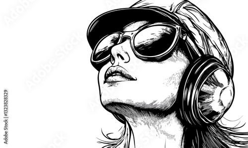 Cool woman with headphones and sunglasses, music enthusiast in cap, black and white linear icons set, vector.