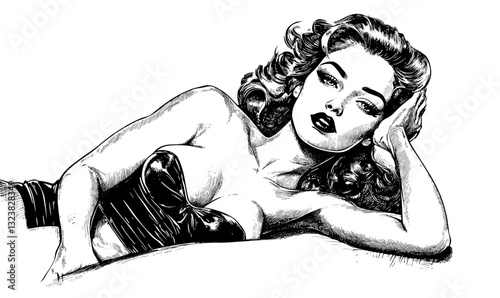 Retro glamour woman in relaxed pose – linear style icons set, vector.
