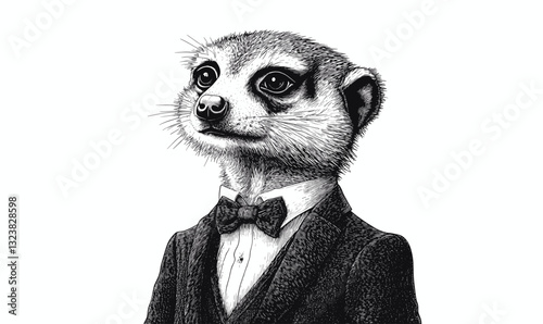 Meerkat in suit with bow tie, linear animal portrait, vector icons set.