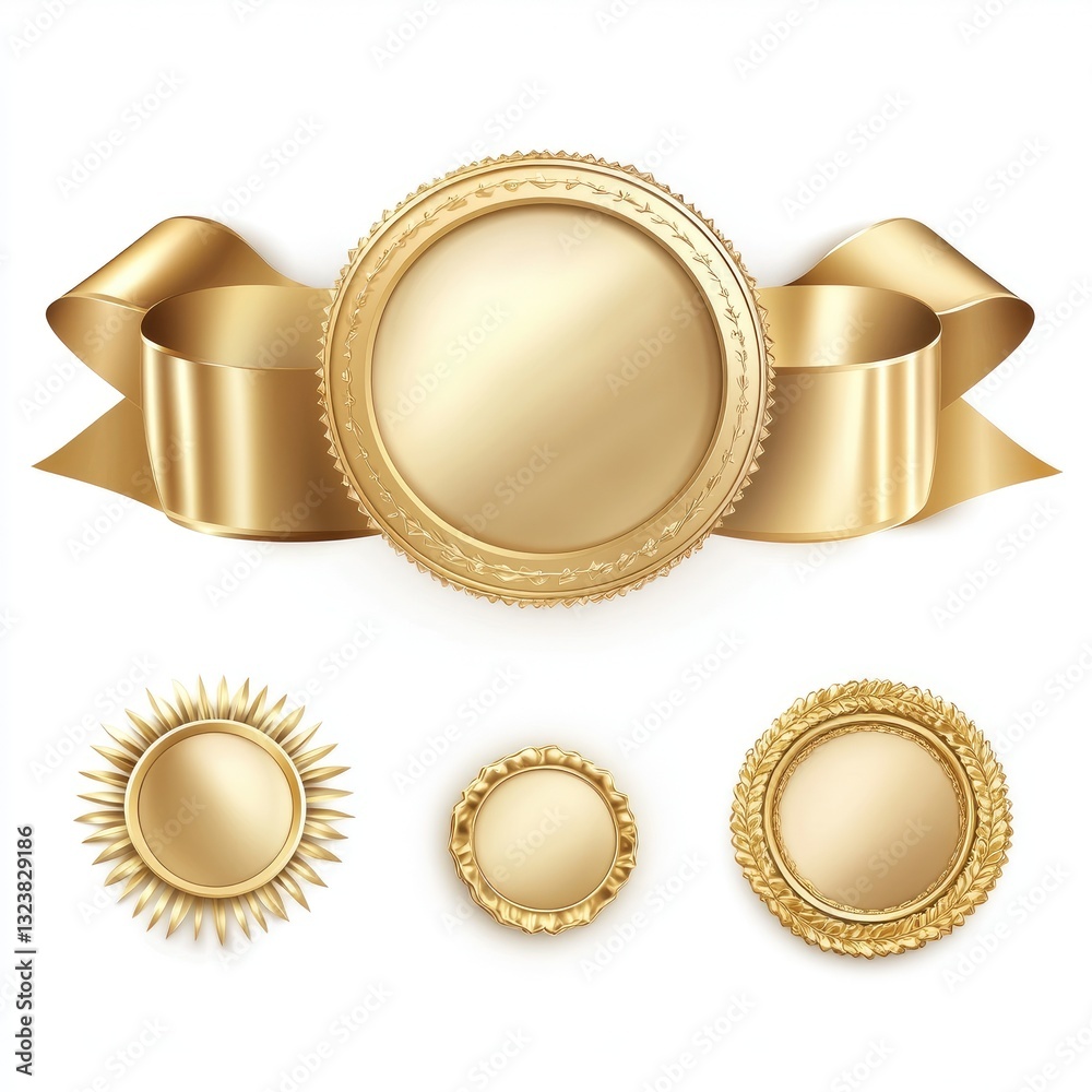 3D vector illustration of a golden ribbon, medal, and badge set against a white background. 3D vector illustration of a golden ribbon, medal, and badge set against a white background.