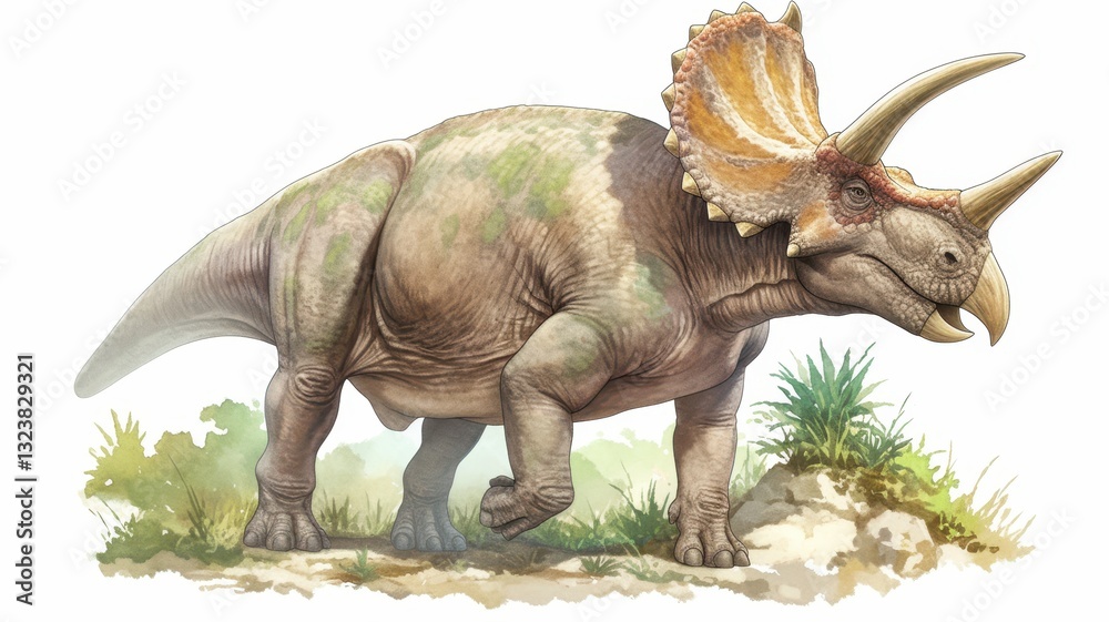 Fototapeta premium Prehistoric Triceratops Dinosaur Illustration Detailed Paleontological Artwork Cretaceous Period