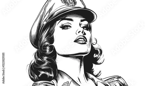 Retro military woman portrait in vintage uniform hat, black and white vector, linear style, icons set.