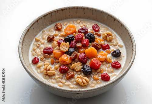 A Healthy and testy Breakfast Bowl with Oats, Nuts, and Colorful Fruits in Milk 