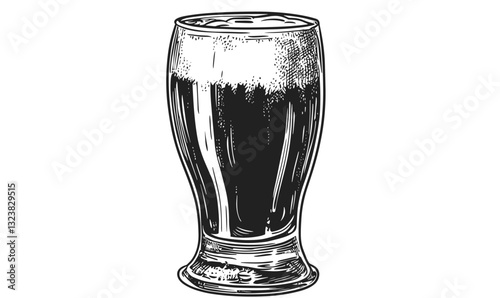 Dark beer glass with foam detailed in linear style, beverage icons set, vector.