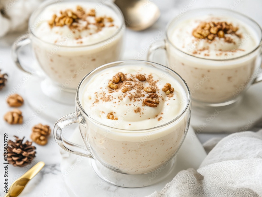 Hot creamy drink in glass mugs, smooth and comforting, with frothy texture Hot creamy drink in glass mugs, smooth and comforting, with frothy texture