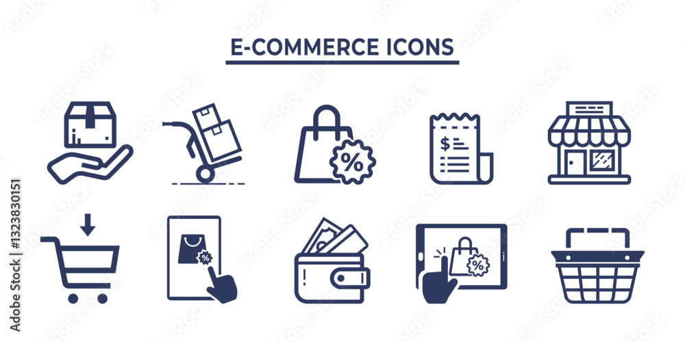 Set of E-Commerce Icons Featuring Shopping and Online Retail Elements Set of E-Commerce Icons Featuring Shopping and Online Retail Elements
