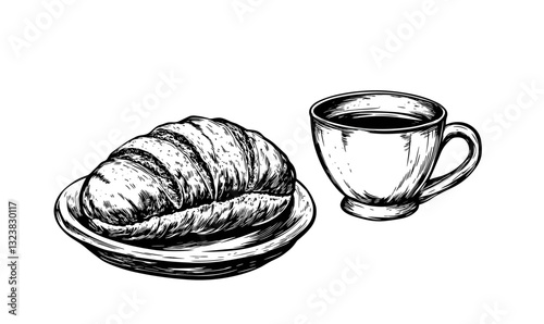 Croissant and coffee breakfast set, monochrome linear icons set, vector.