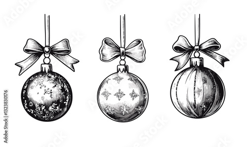 Elegant christmas baubles with ribbons vector - linear icons set.