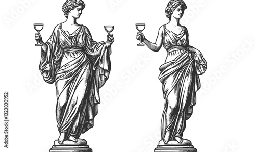 Classical statue women holding cups icon set, linear style, vector.