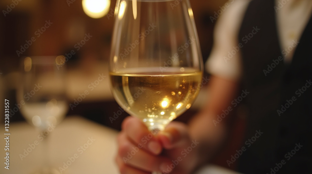 Sommelier Hand Holding Glass of White Wine, Wine tasting Sommelier Hand Holding Glass of White Wine, Wine tasting