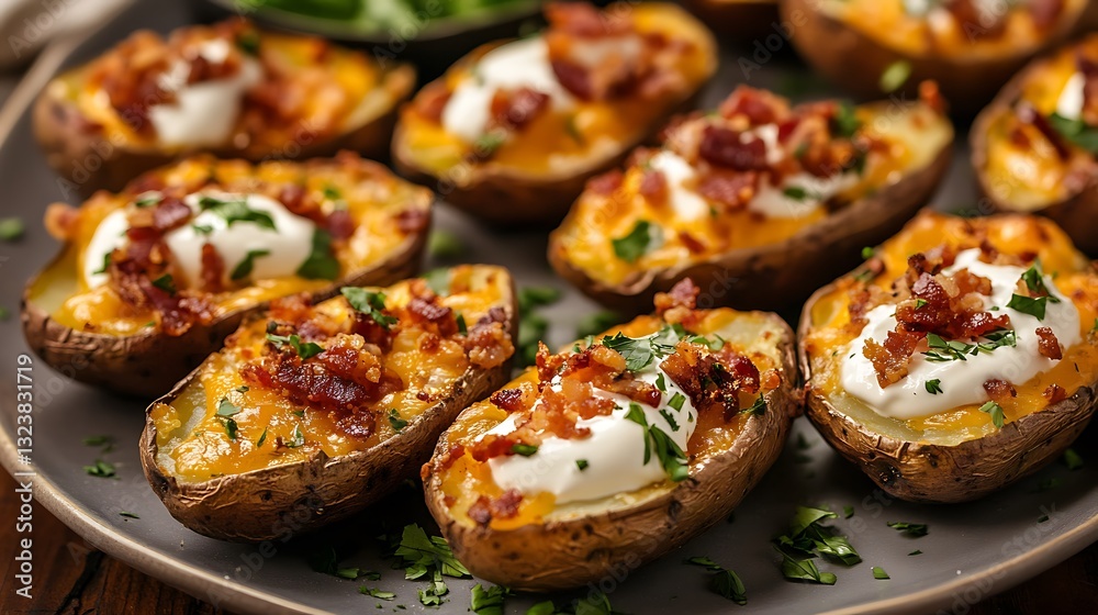 Cheddar Bacon Potato Skins Baked potato skins filled with cheddar cheese, crispy bacon bits, and sour cream Cheddar Bacon Potato Skins Baked potato skins filled with cheddar cheese, crispy bacon bits, and sour cream