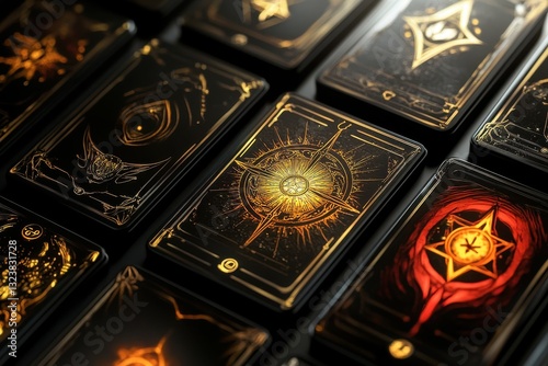 Wallpaper Mural Exploration of intricate tarot cards displayed in a captivating arrangement on a dark surface with golden accents Torontodigital.ca