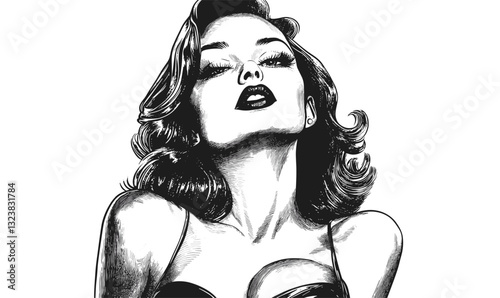 Retro glamorous woman portrait, black and white, stylized art, flat icons set, linear, vector.