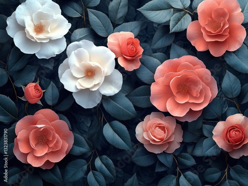 Pastel Floral Pattern of Blooming Roses on Dark Background with Symmetrical Composition