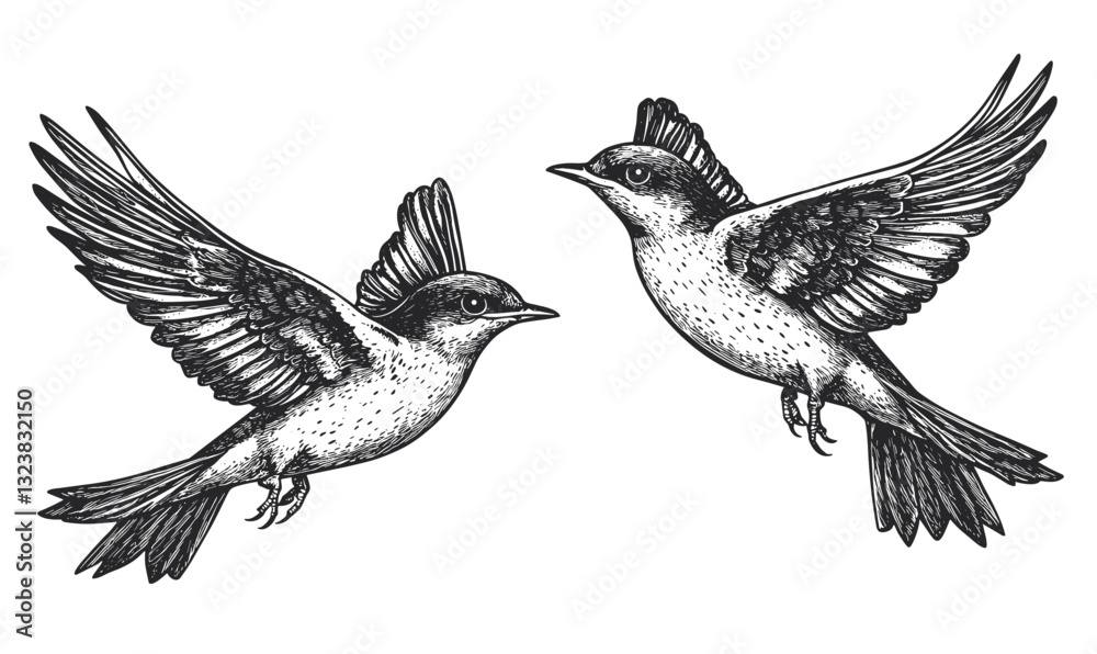 Fototapeta premium Hand-drawn birds in flight icons set, black and white sketch, vector, linear style.