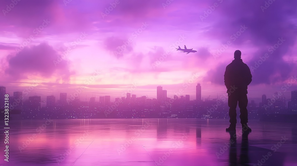 Urban exploration man on rooftop observes plane soaring through the vast expanse of the sky