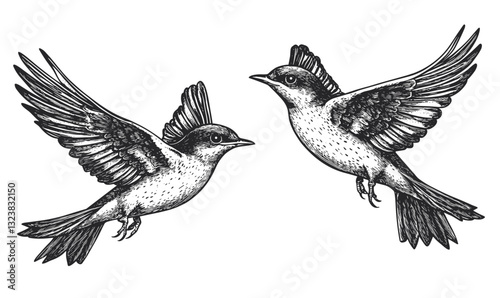 Hand-drawn birds in flight icons set, black and white sketch, vector, linear style.