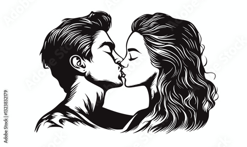 Romantic couple kissing, love illustration, flat icons set - vector.