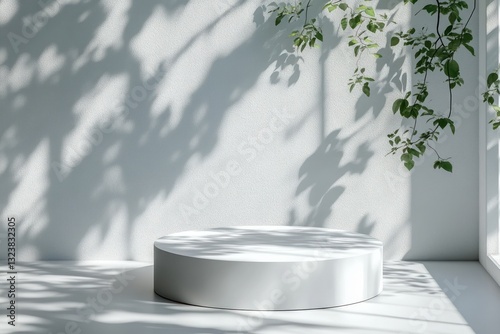 Minimalist product display podium with leaves shadows in soft light monochrome background