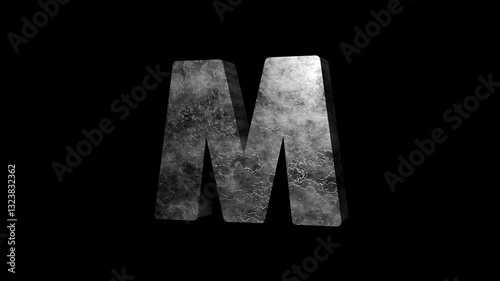 Dynamic 3D alphabet letter M animation, Iron Metal grunge textured surface. high-contrast crack pattern. 3D render reveal and out. Perfect for cinematic intro, title sequences or branding project.