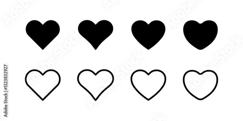 Heart icon set. Love and favorite sign. Like, romance, and relationship symbol. Emotion, passion, and care pictogram. Social media and wishlist illustration.
