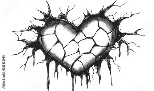 Cracked heart with splatter effect in black and white, linear icons set, vector.