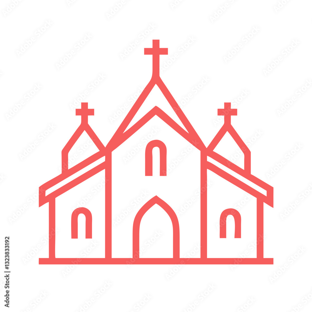Red outline cathedral icon with three towers Red outline cathedral icon with three towers