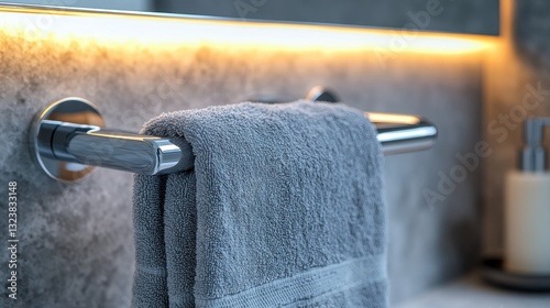 A sleek chrome towel rack, its polished surface reflecting the soft glow of overhead lighting, held a plush gray towel in its embrace, a haven of comfort and cleanliness in a contemporary bathroom