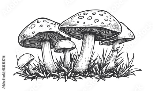 Detailed wild mushrooms in nature, black and white artwork, flat icons set, vector.