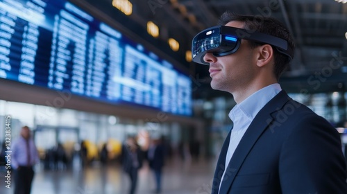 Business traveler using augmented reality glasses for airport navigation at a busy terminal
