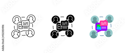 Collaboration icon set. Team discussion and networking sign. Business communication and strategy symbol. Digital meeting and brainstorming pictogram.