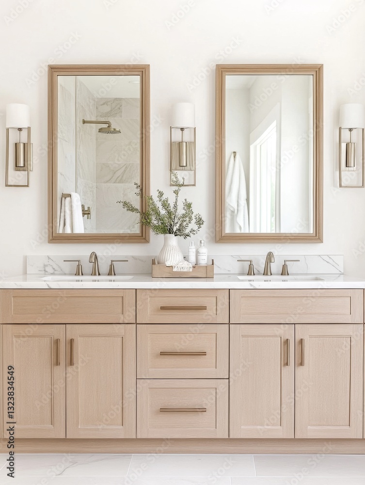 Fototapeta premium Modern double bathroom cabinet with large mirrors and marble accents in a bright, elegant setting