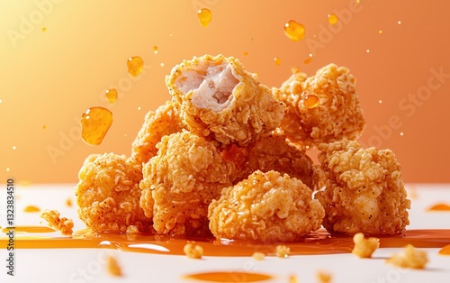Crispy popcorn chicken bites with tangy dipping sauce splashes, on a light ivory-to-rust orange gradient background