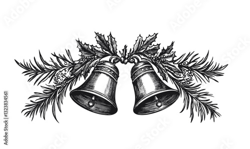 Christmas bells with holly and pine branches, vector, linear, icons set.